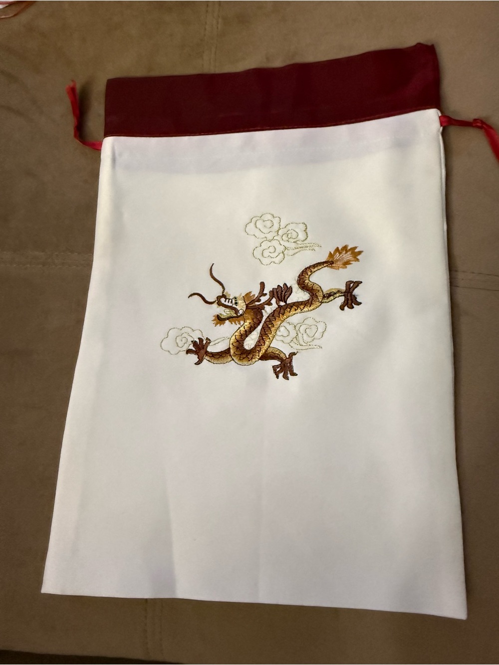 Embroidered Dragon Drawstring Dust Bag - White & Burgundy